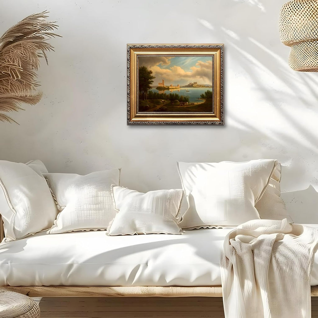 Large Framed Classical Coastal Castle Painting European Seaside Town Landscape Canvas Wall Art Print Harbor Fortress Poster Vintage Scenic Architecture Picture Decor for Living Room Office 24x36inch