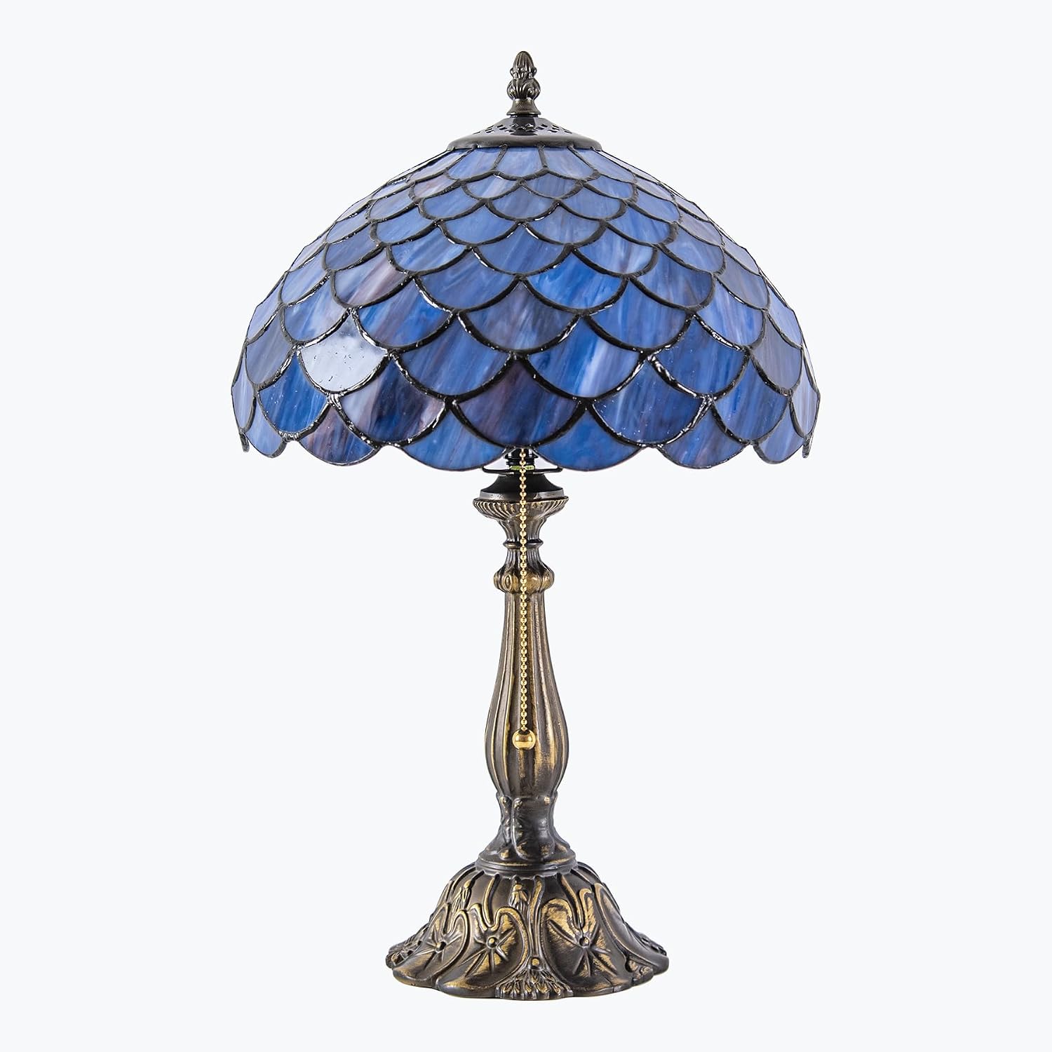 Tiffany Style Table Lamp Vintage Stained Glass Desk Lamp Deep Blue Purple Fish Scales Bedside Reading Light Decor Bedroom Living Room Home Office D12 xH18