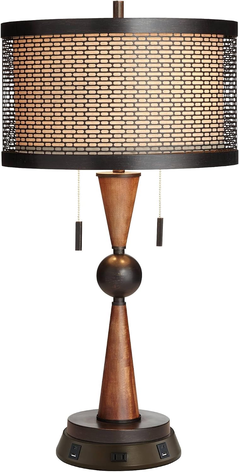 Franklin Iron Works Hunter Rustic Farmhouse Table Lamp with USB and AC Power Outlet Workstation Charging Base 28.75' Tall Bronze Cherry Wood Double Drum Shade for Living Room Bedroom House Bedside