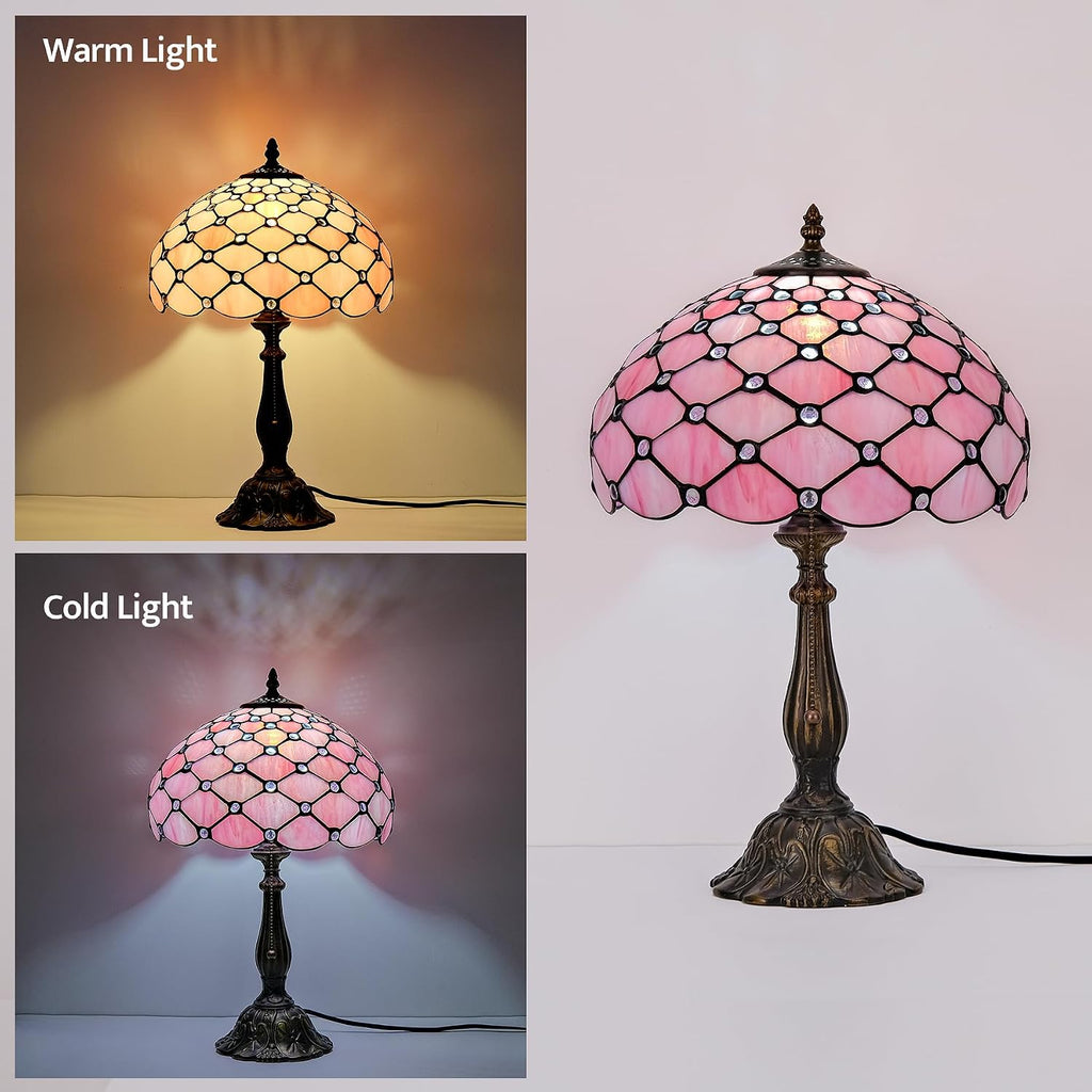 Tiffany Lamp Vintage Pink Stained Glass Bead Table Lamp Desk Bedside Reading Light Decor Bedroom Living Room Home Office D12*H18 Inches