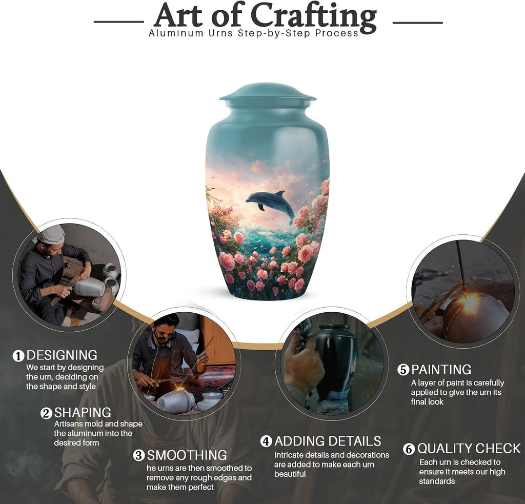 Dolphin Urns for Human Ashes Adult Male - Funeral Cremation Urns for Ashes Adult - Sunset Keepsake Memorial Urn - Blue Decorative Burial Ash Holder for Male & Female, Set of 5-10 Inch, 3 Inch