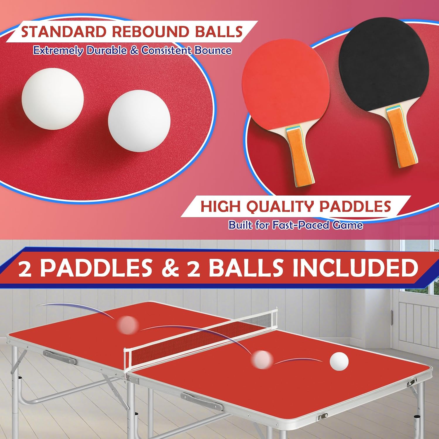 Portable Ping Pong Table, Foldable Indoor Table Tennis Tables Game, Folding Indoor Table Tennis w/ 2 Paddles, 2 Balls and Net for Adults/Teens, Quick Assembly