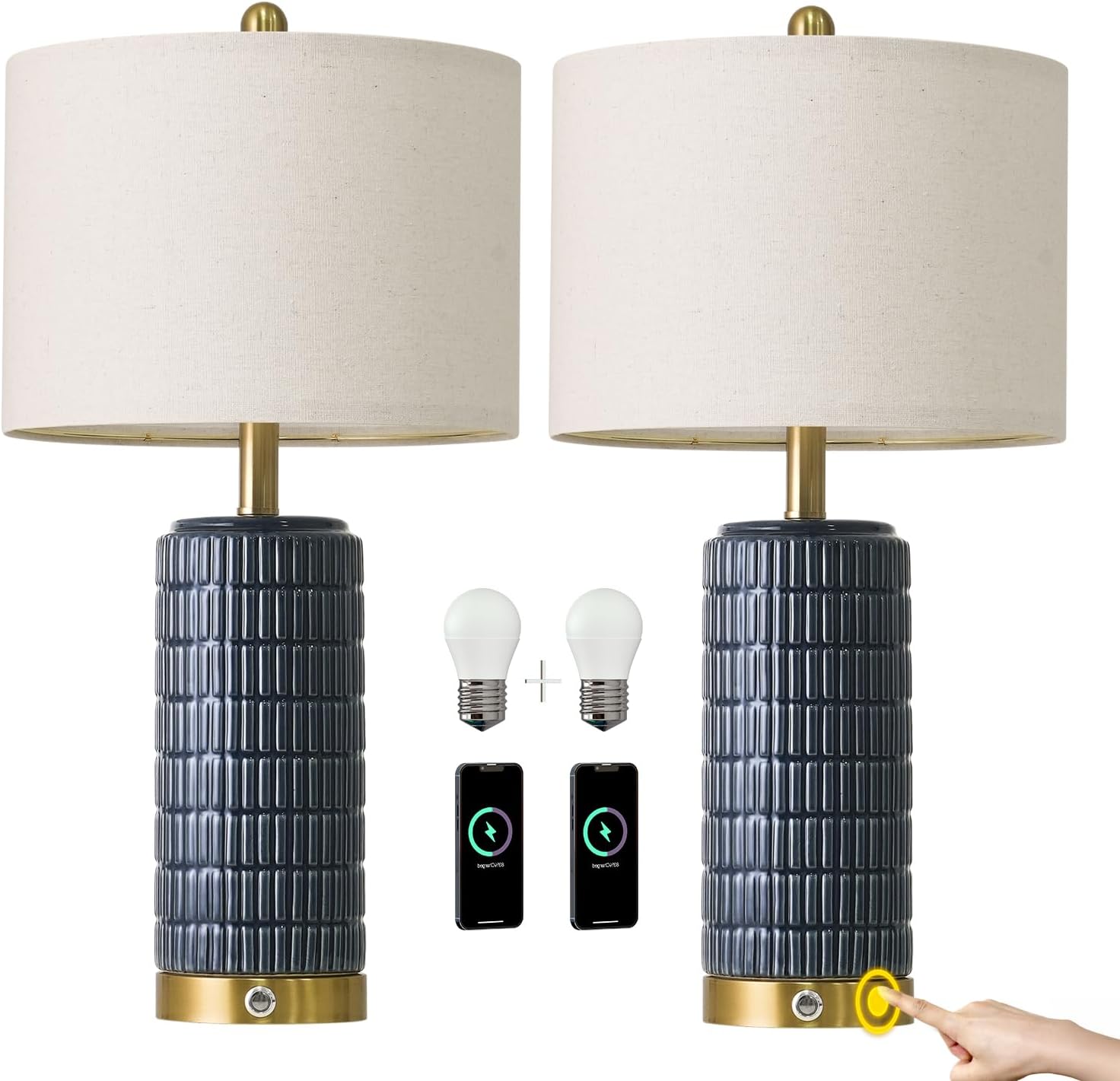 PoKat Touch Bedside Table Lamps with USB Ports for Bedroom, 25'' Dimmable Nightstand Touch Lamps for Living Room, Blue Ceramic Lamps with Gold Base for Night Stands Bedroom, Nursery, Dark Blue