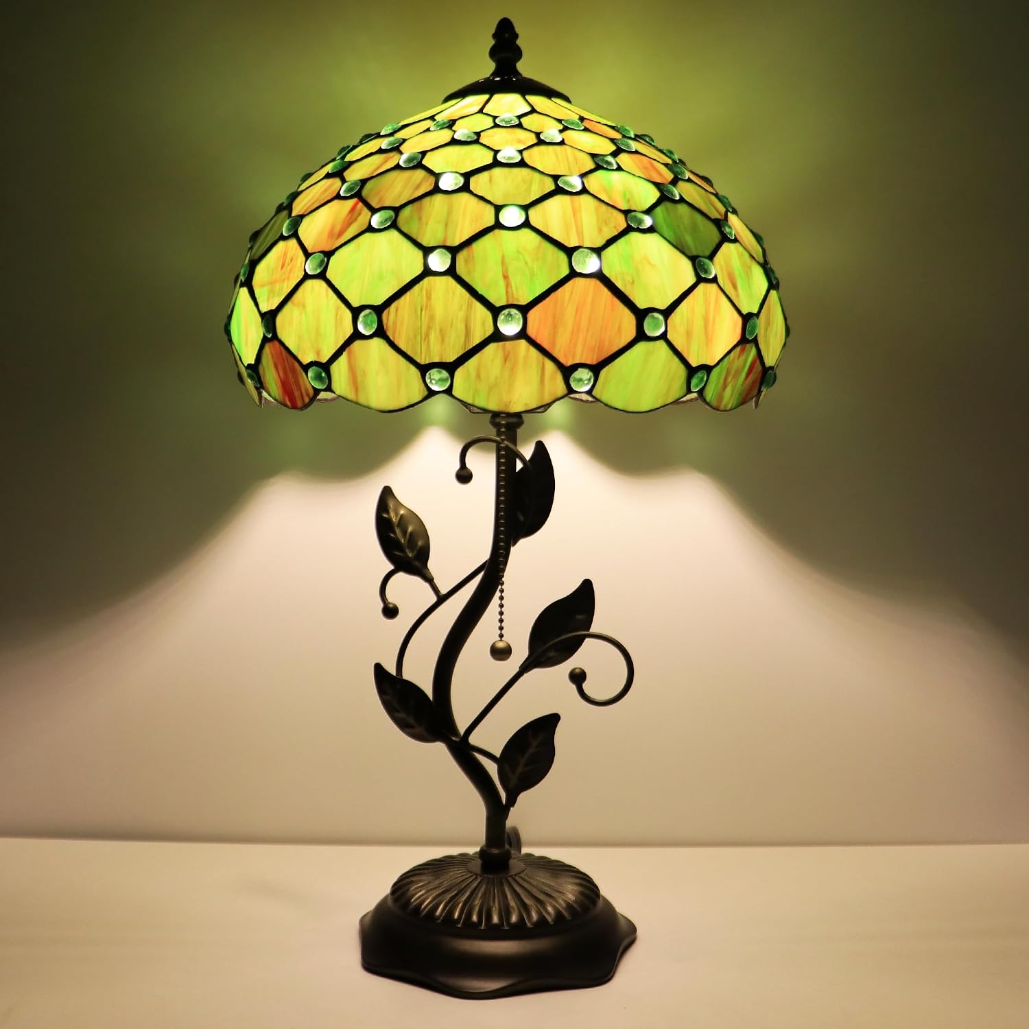 Tiffany Lamp Brownish Green Pearl Style Stained Glass Table Lamp Desk Bedside Reading Light 12X12X19 Inches with Metal Leaf Base