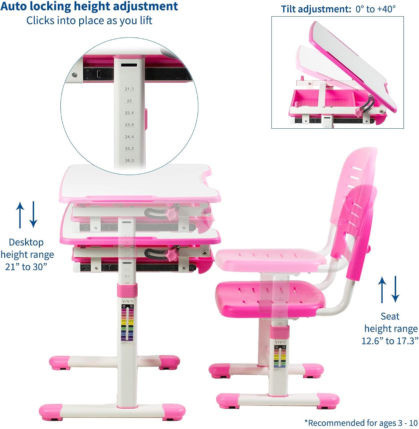 VIVO Pink Height Adjustable Children's Desk and Chair Set | Kids Interactive Workstation
