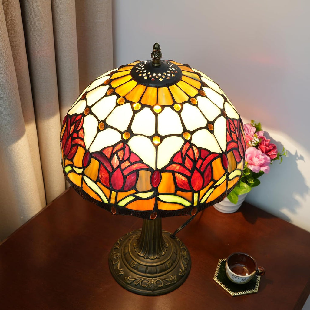 Red Tulip Tiffany Style Stained Glass Table Lamp Bed Room Bedside Reading Desk Light for Living Office Dormitory Bar Retro Unique Cute Accent Decor Cottage 12' Village Gift Nightstand Lamps