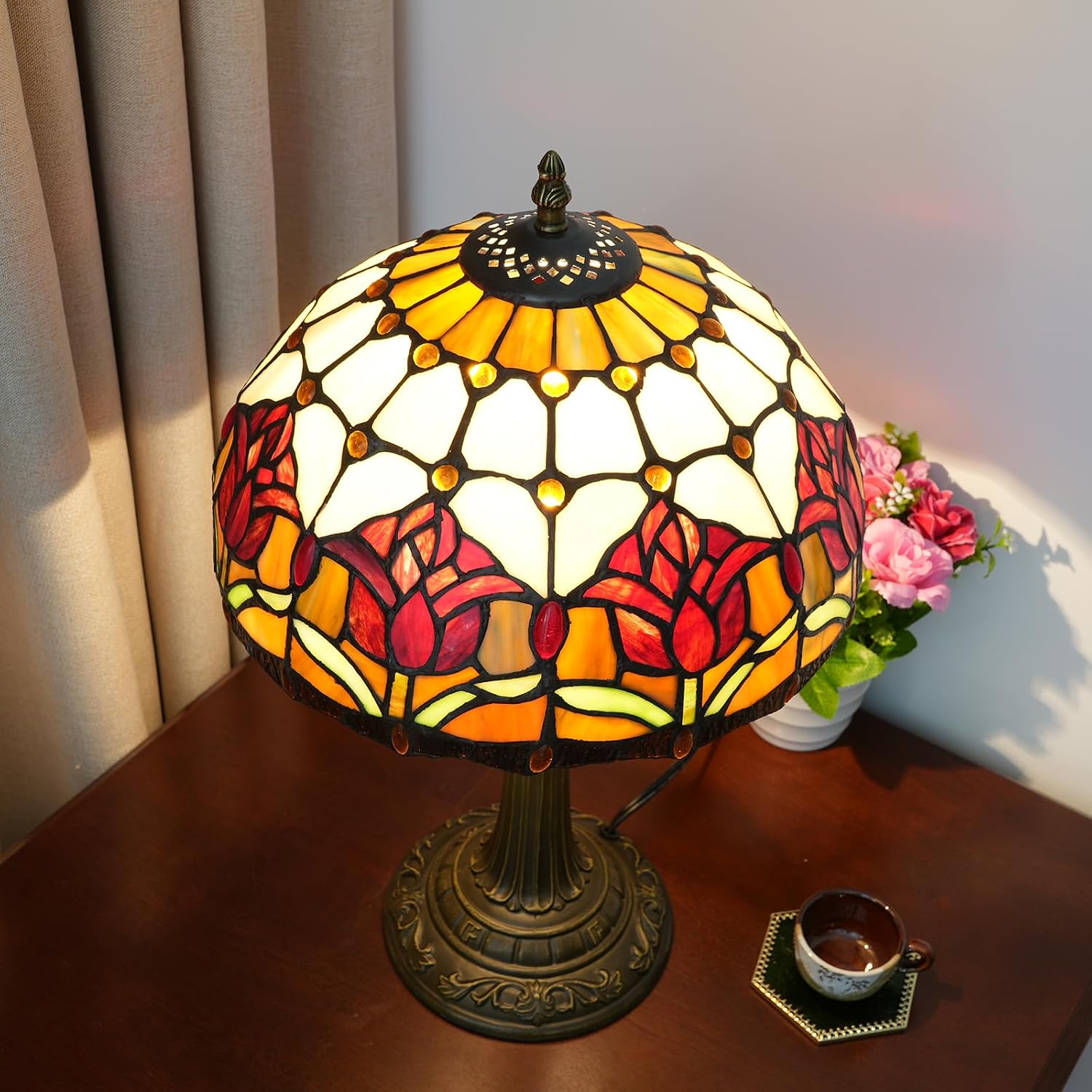 Red Tulip Tiffany Style Stained Glass Table Lamp Bed Room Bedside Reading Desk Light for Living Office Dormitory Bar Retro Unique Cute Accent Decor Cottage 12' Village Gift Nightstand Lamps