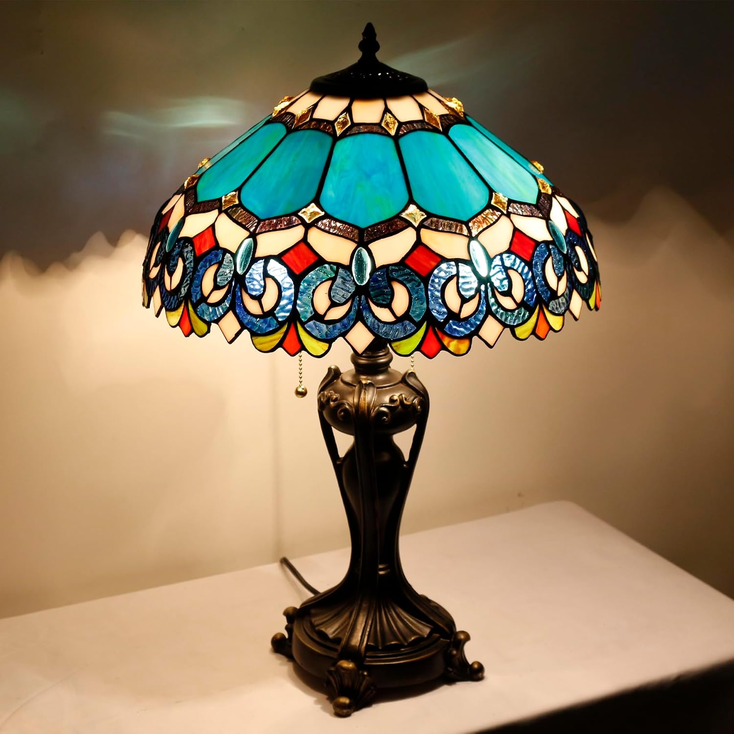 Tiffany Lamp(2 Lights) Stained Glass Table Lamp Bedside Desk Reading Light 16X16X24 Inch Decor Bedroom Living Room Home Office (Blue Baroque)
