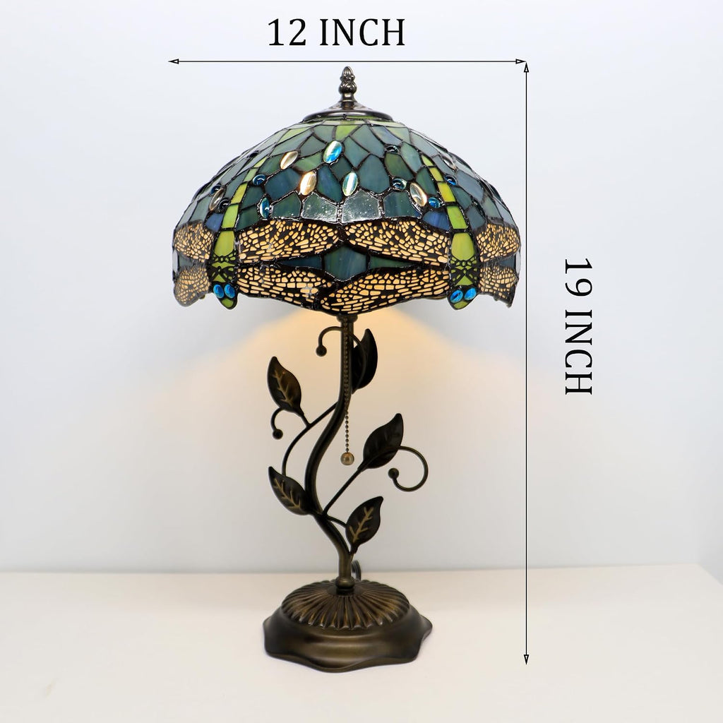Tiffany Lamp Sea Blue Dragonfly Style Stained Glass Table Lamp Desk Bedside Reading Light 12X12X19 Inches with Metal Leaf Base