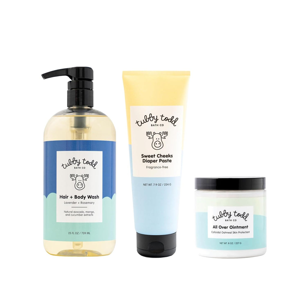 Tubby Todd Baby Bundle Newborn Skin Care Set | Hypoallergenic Hair + Body Wash, All Over Ointment Sweet Cheeks Diaper Paste, Full Size, Lavender Rosemary