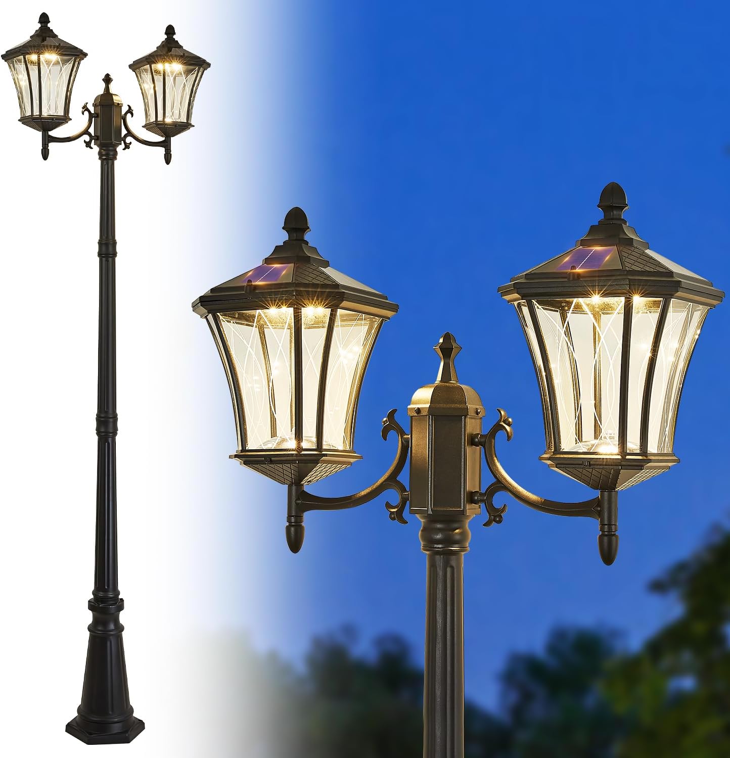 2-Head Outdoor Solar Lamp Post Lights with Waterproof, Dusk to Dawn Sensor Large Lantern Street Lights, Modern Solar Column Pole Light Fixtures for Outside, Garden, Driveway, Backyard, Black