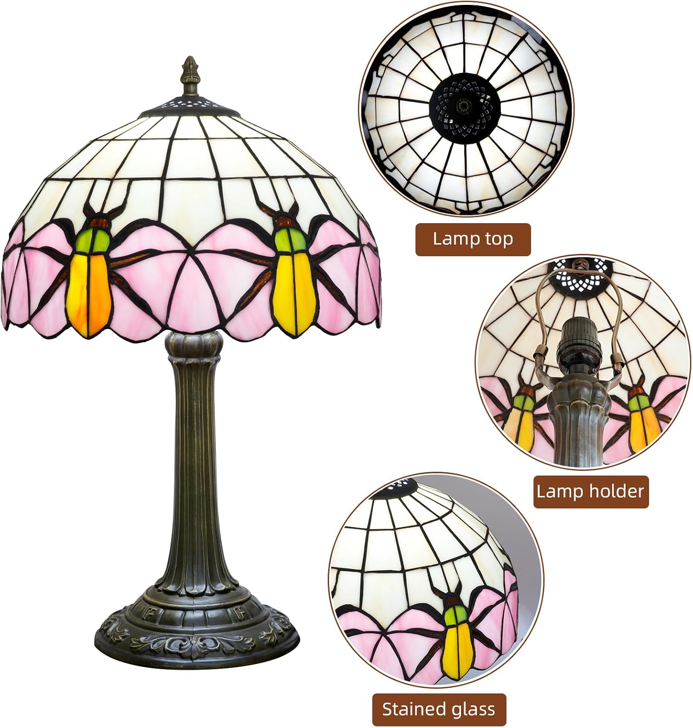Tiffany Lamp Yellow Beetle Pink Stained Glass Table Lamp Vintage Bedroom Desk Light for Home Dorm Office Art Craft Antique Decor Accent Aesthetic Nightstand Reading Light