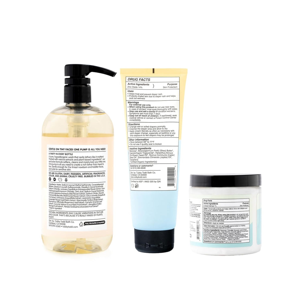 Tubby Todd Baby Bundle Newborn Skin Care Set | Hypoallergenic Hair + Body Wash, All Over Ointment Sweet Cheeks Diaper Paste, Full Size, Fragrance Free