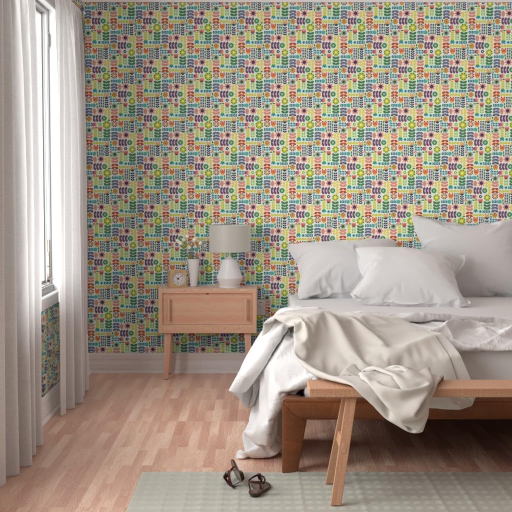 Spoonflower Swedish Folk Art Peel and Stick Removable Wallpaper | Roll 24' x 144' | Hygge Rainbow Floral Cute Modern | Self-adhesive, removable and renter-friendly