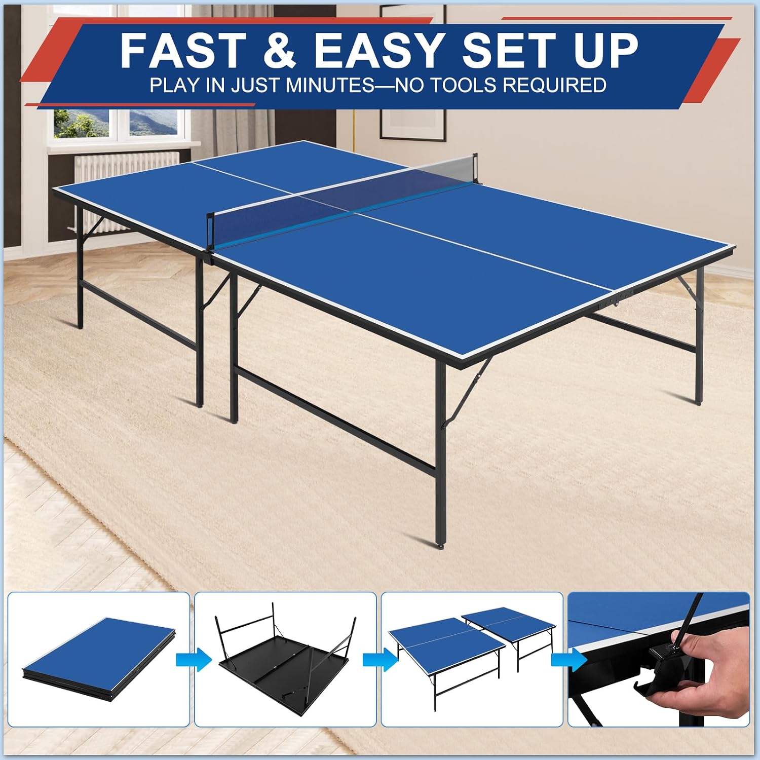 Portable Ping Pong Table, Foldable Indoor Table Tennis Tables Game, Folding Indoor Table Tennis w/ 2 Paddles, 2 Balls and Net for Adults/Teens, Quick Assembly