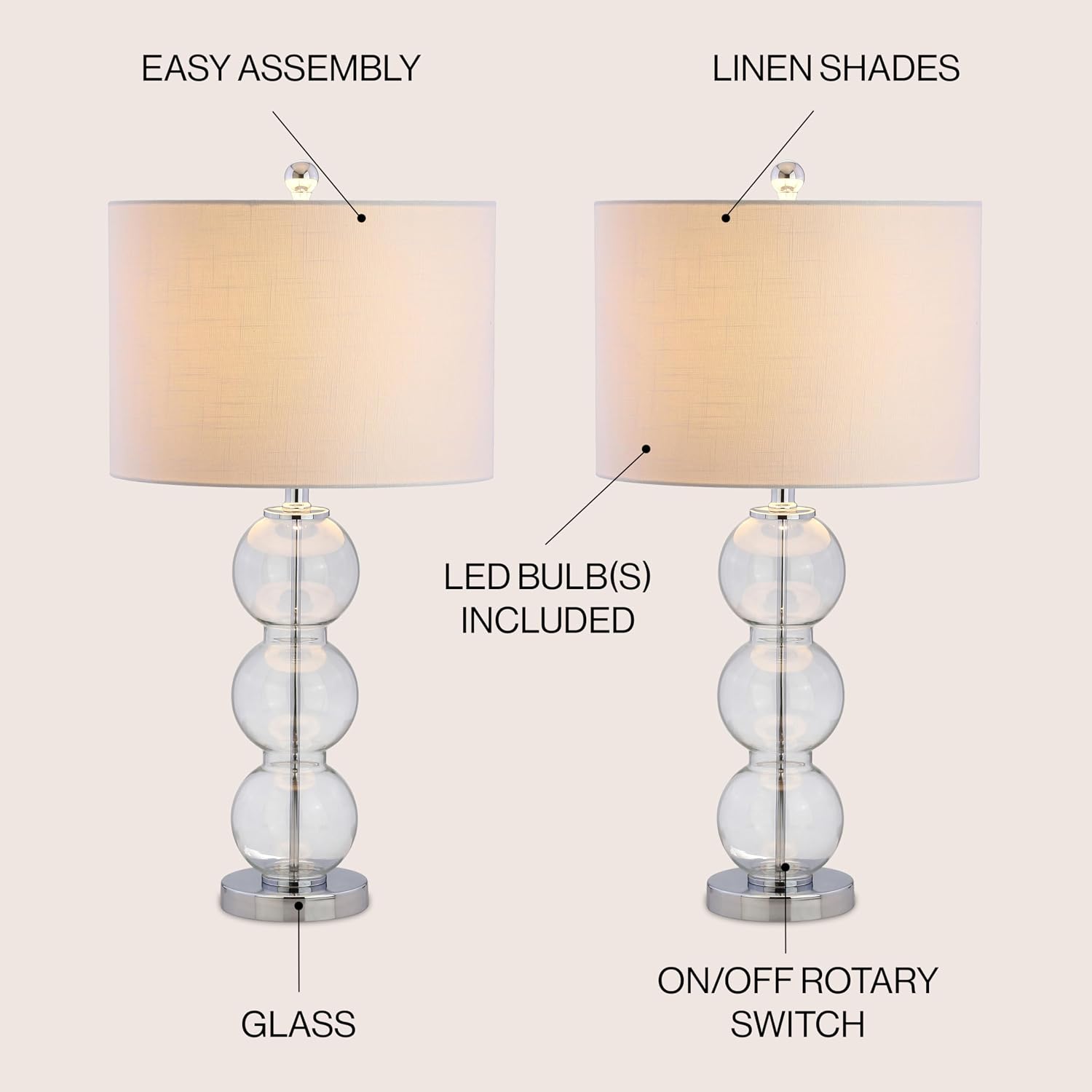 JONATHAN Y 27' Clear/Chrome Triple-Sphere Glass Table Lamp Set of 2, Bedside, White Linen Shade, Modern Table Lamps for Living Room, Bedroom, Office, LED Bulbs Included (JYL1070D-SET2)