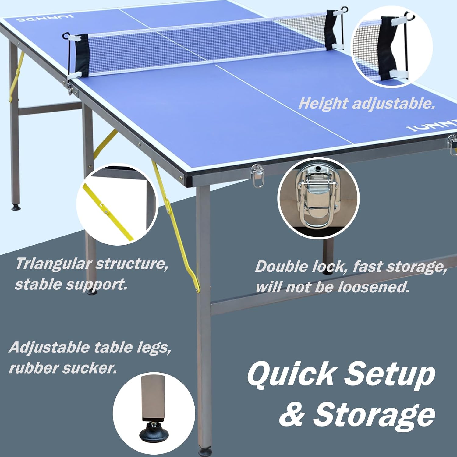 IUNNDS Portable Table Tennis Table 6/8/8.5/9FT Foldable Ping Pong Game Set for Indoor with Net and Post Set, 2 Paddles and 3 Balls