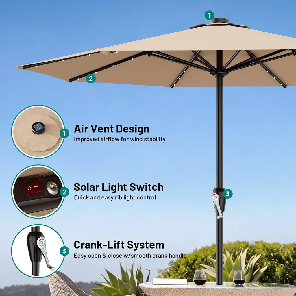 AreShark 12FT Large Patio Umbrella with Solar Lights, Solar Powered Outdoor Umbrella with Crank, Patio Table Market Umbrellas for Garden, Deck, Backyard, Pool and Beach, Beige