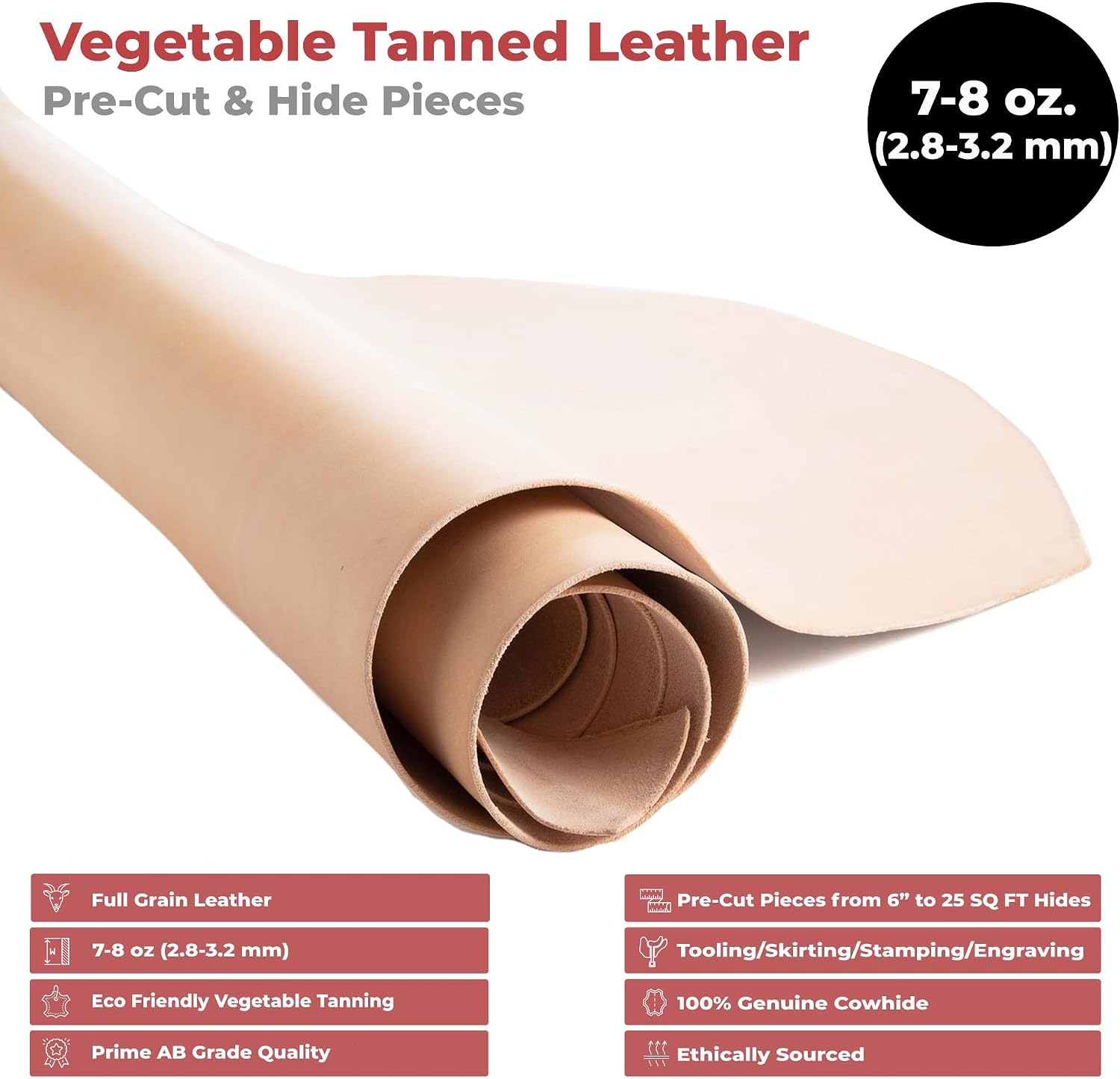 ELW 7-8 oz.(3-3.2 mm) Thickness Pre-Cut Square 10-12 SQ FT, Tooling Leather Vegetable Tanned Full Grain Leather - Cowhide Leathercraft for Holsters Knife Sheaths Coasters Molding Emboss Stamp Cases