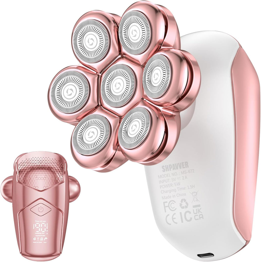 SHPAVVER Electric Razors for Women Legs: 7D Floating Head Electric Shaver - IPX7 Waterproof Wet Dry Hair Remover - LED Display & Travel Lock for Body Face Bikini (Light Pink)