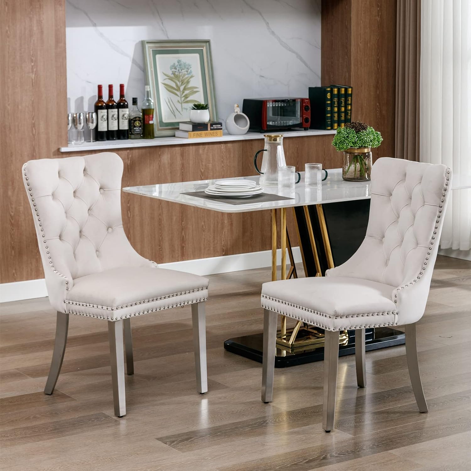 Velvet Dining Chairs Set of 6, Tufted Upholstered Dining Room Chairs with Back Ring Pull, Nailhead Trim and Sliver Stainless Steel Legs, Modern Dinning Chairs for Dining Room, Kitchen(Beige)