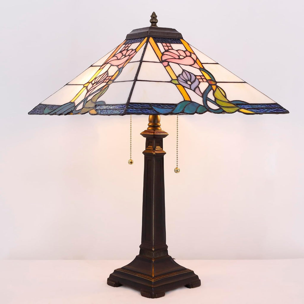 Tiffany Table Lamp Pink Flower Mission Style Stained Glass 16X16X23 Inches Desk Reading Light for Bedrooms Living Room Study Home Office