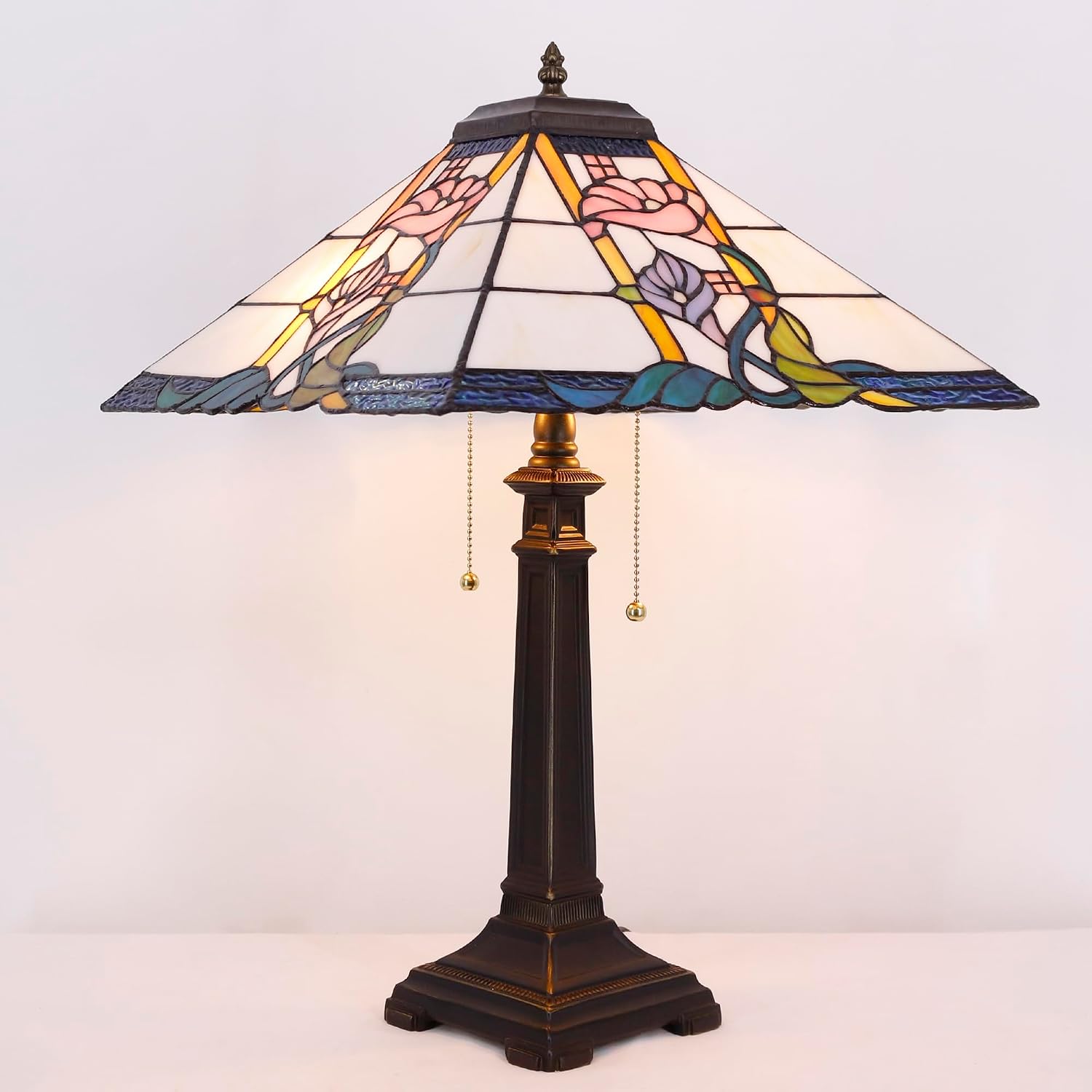Tiffany Table Lamp Pink Flower Mission Style Stained Glass 16X16X23 Inches Desk Reading Light for Bedrooms Living Room Study Home Office