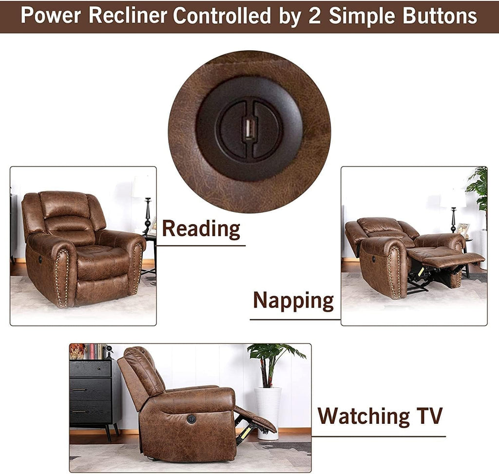Distinctive Brass Rivets Design Electric Recliner Chair Breathable Bonded Leather Classic Single Sofa Chairs for Home Theater Living Room Bedroom