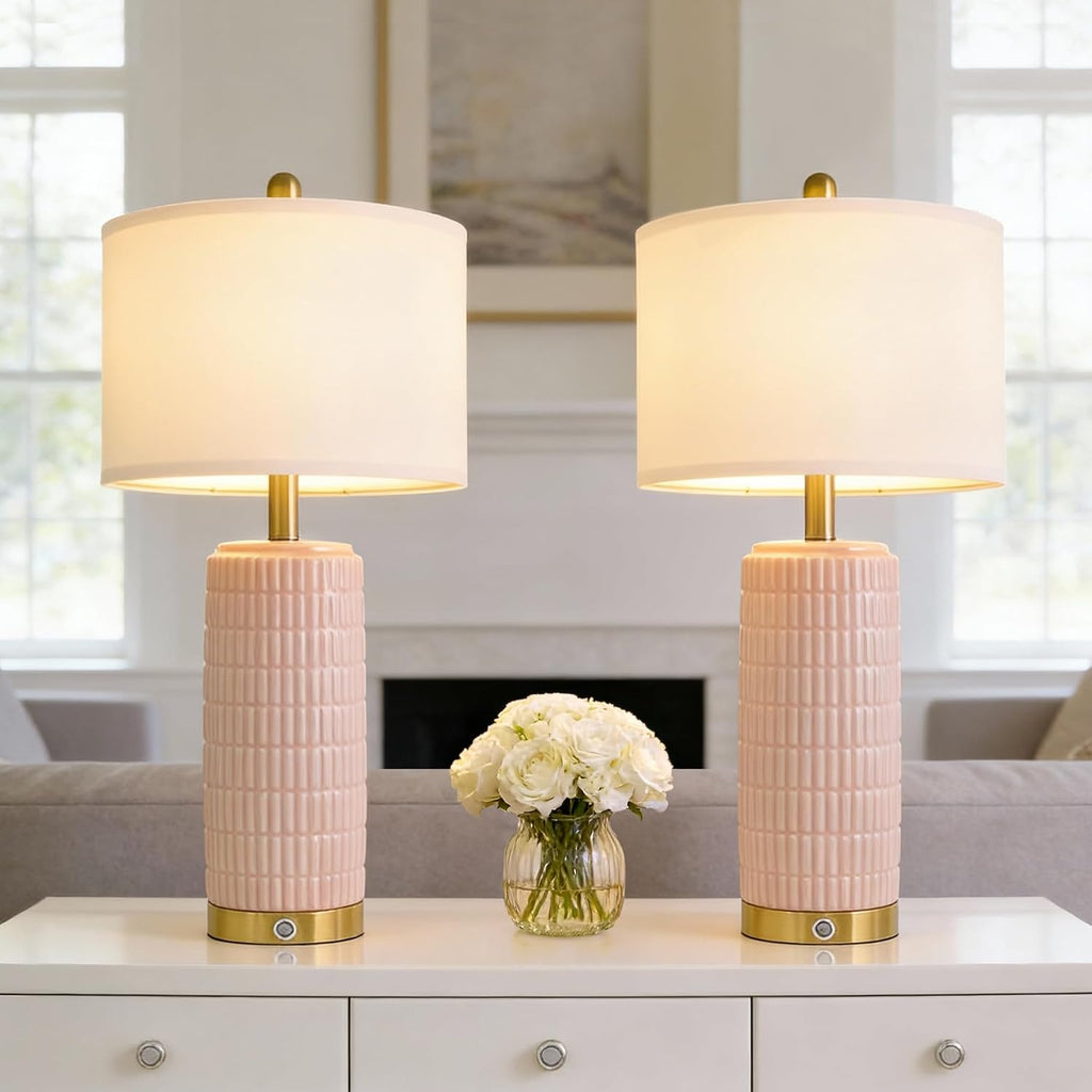 PoKat 25'' Table Lamps Set of 2 for Bedroom with 3-Way Dimmable Touch Control, Bedside Lamps with USB A+C Ports for Living Room, Modern Ceramic Pink Lamps for Kids Girls Decor (2 Bulbs Included)