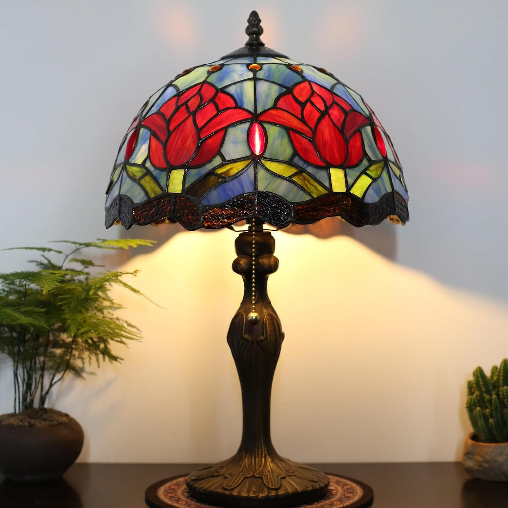 Tiffany Lamp Stained Glass Table Lamp 12' x 19' Red Tulips Style Bedside Reading Lamp Decorative Lamp for Desk Living Room Bedroom Office Study Light Home Decor Gift