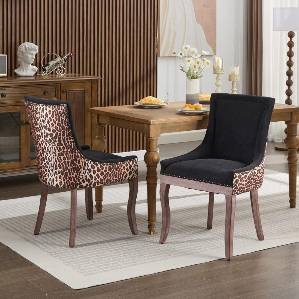 Dining Chairs Set of 2, Thickened Fabric Upholstered Chair with Neutral Solid Wood Legs & Bronze Nailhead Trim, Comfortable Accent Chairs for Dining Room/Kitchen/Living Space(Leopard + Fabric)