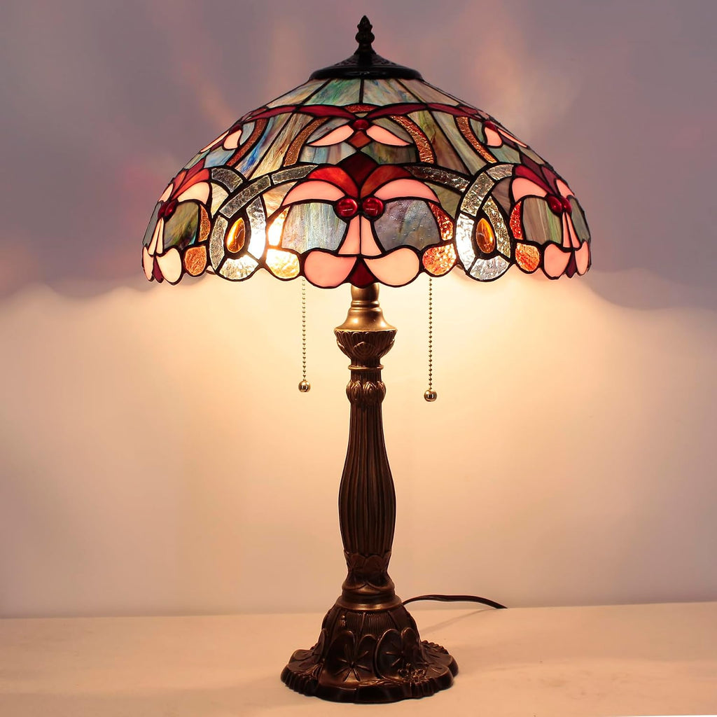 WERFACTORY Tiffany Lamp Blue Pink Stained Glass Bedside Table Lamp 16X16X24 Inch Desk Reading Lamp Resin Base Decoration Bedroom Living Room Home Office S830B Series
