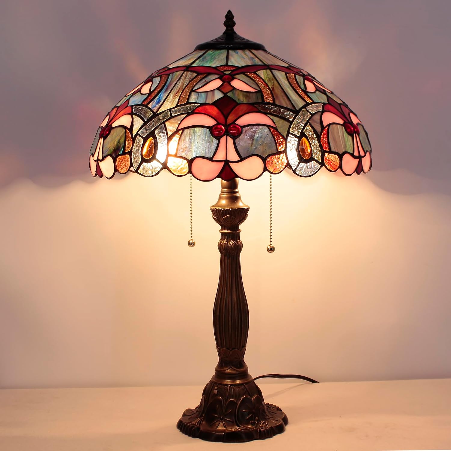 WERFACTORY Tiffany Lamp Blue Pink Stained Glass Bedside Table Lamp 16X16X24 Inch Desk Reading Lamp Resin Base Decoration Bedroom Living Room Home Office S830B Series