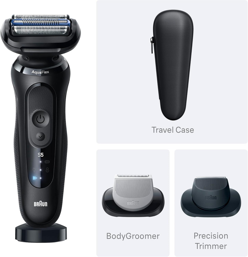 Braun Series 5 Electric Shaver for Men, Wet & Dry Foil Razor, Precision Trimmer Attachment, Body Groomer Attachment, Charging Stand, Travel Case, Black 5155cs