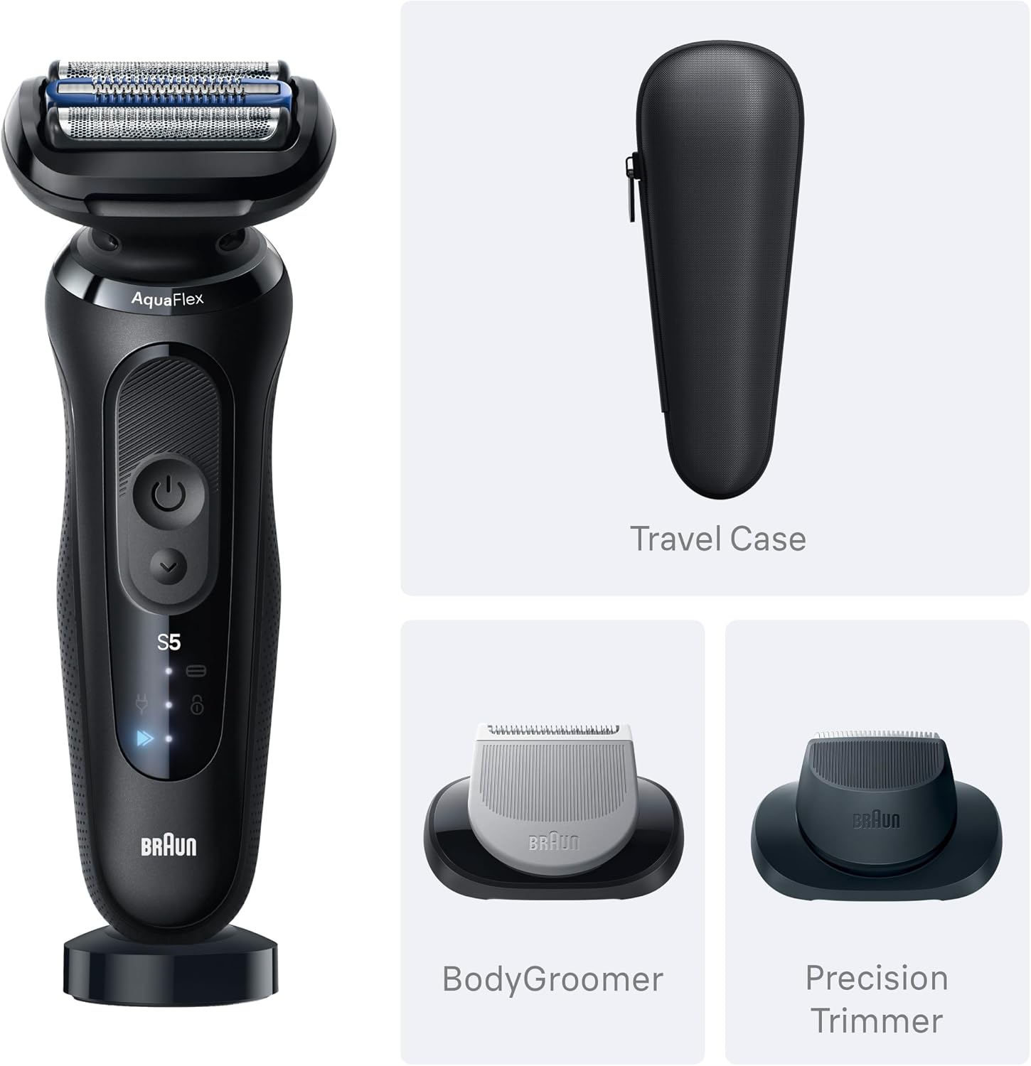 Braun Series 5 Electric Shaver for Men, Wet & Dry Foil Razor, Precision Trimmer Attachment, Body Groomer Attachment, Charging Stand, Travel Case, Black 5155cs