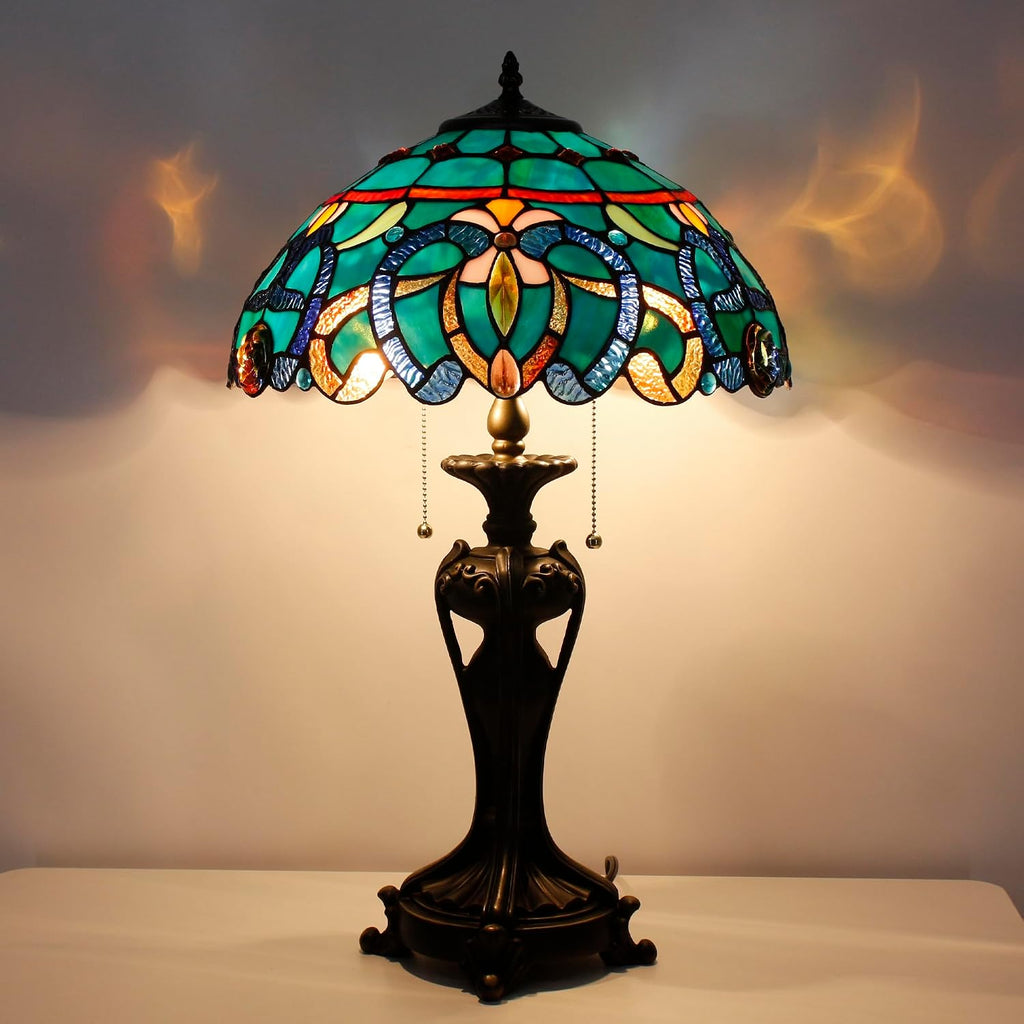 Tiffany Lamp(2 Lights) Stained Glass Table Lamp Bedside Desk Reading Light 16X16X24 Inch Decor Bedroom Living Room Home Office (Green Brown Jewelry)