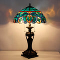 Tiffany Lamp(2 Lights) Stained Glass Table Lamp Bedside Desk Reading Light 16X16X24 Inch Decor Bedroom Living Room Home Office (Green Brown Jewelry)