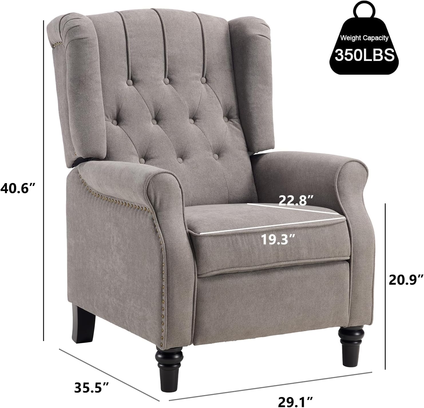 EBELLO 2 Pcs Pushback Recliner Chairs, Fabric Armchair Push Back Recliner with Rivet Decoration, Single Sofa Accent Chair for Living Room, Bedroom, Grey