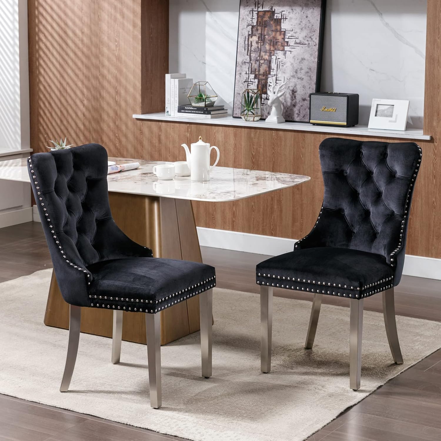 Velvet Dining Chairs Set of 6, Tufted Upholstered Dining Room Chairs with Back Ring Pull, Nailhead Trim and Sliver Stainless Steel Legs, Modern Dinning Chairs for Dining Room, Kitchen(Black)