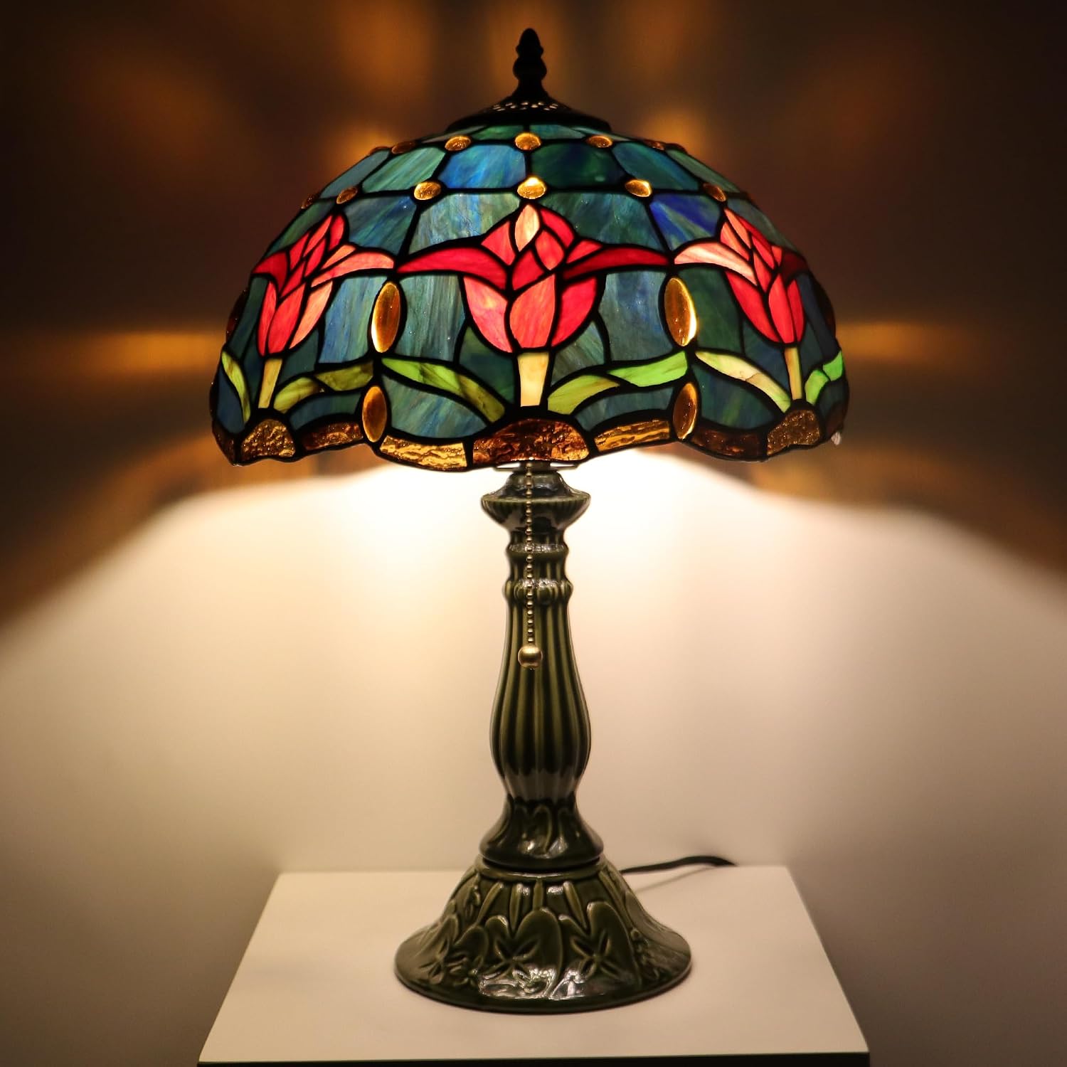 Tiffany Lamp Stained Glass Table Lamps Red Blue Tulips Style Desk Lamp 12X12X18.5 Inch Bronze Ceramic Base Reading Light Suitable for Bedside Bedroom Living Room Dining Room Office