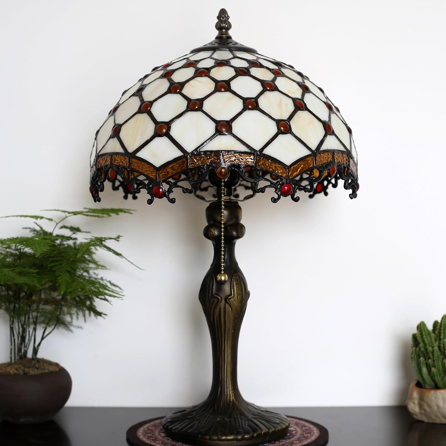Tiffany Lamp Stained Glass Table Lamp 12 x 19' Phoenix Tail Beads Style Bedside Reading Lamp Decorative Light for Desk Living Room Bedroom Office Study Light Home Decor Gift