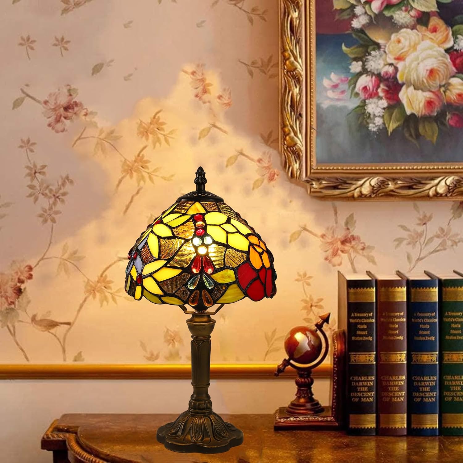 Tiffany Small Table Lamp for Bedroom Set of 2,Bedside Nightstand Lamp Rose Flower Grape Stained Glass Table Lamps for Living Room,3 Color Temperature Home Office Desk Lamp+LED Bulb