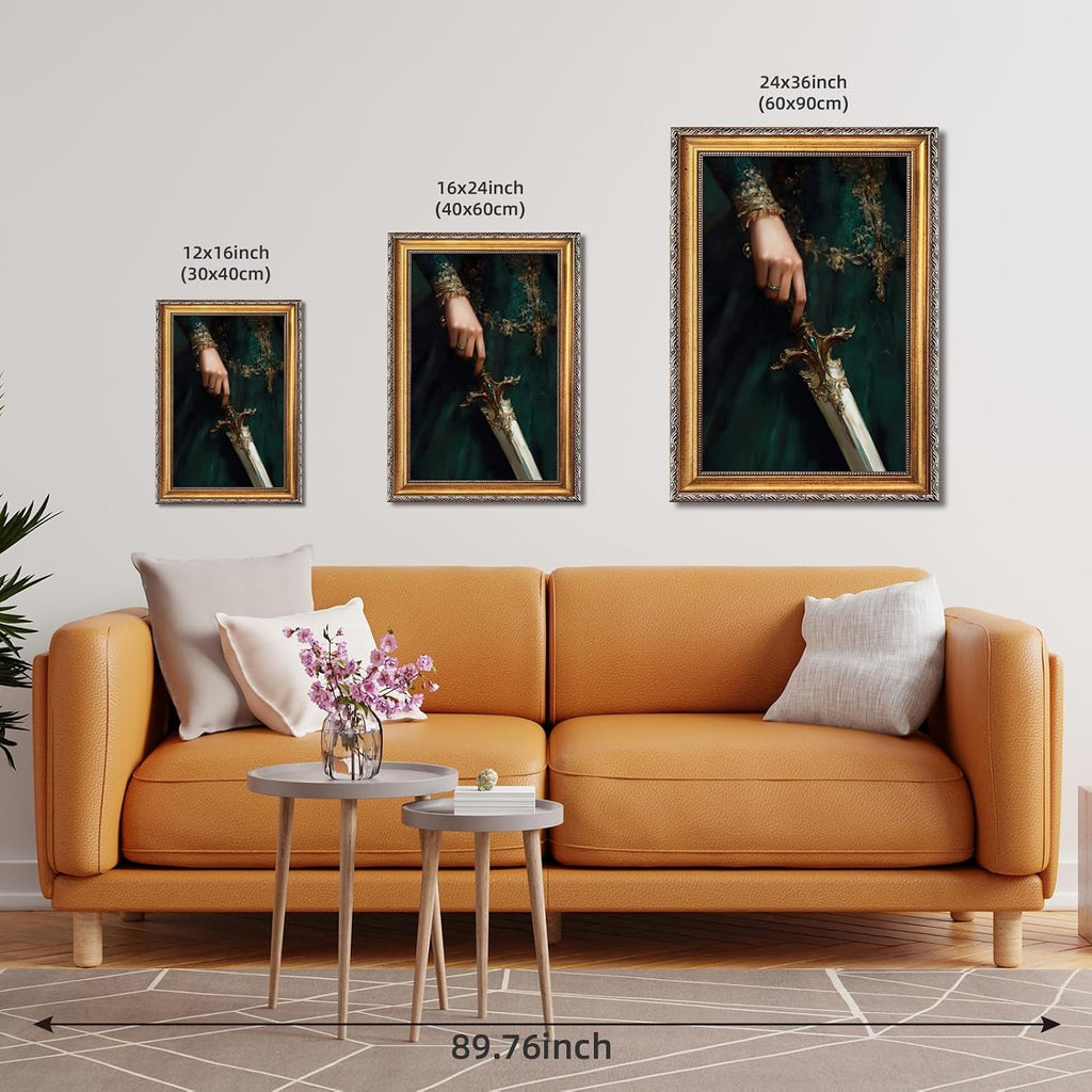 Large Gold Framed Victorian Feminist Woman Wall Art Vintage Royal Medieval Sword Canvas Poster Retro Jeweled Hand Oil Painting Prints Luxury Gothic Castle Court Decor for Girly Bedroom 24x36inch