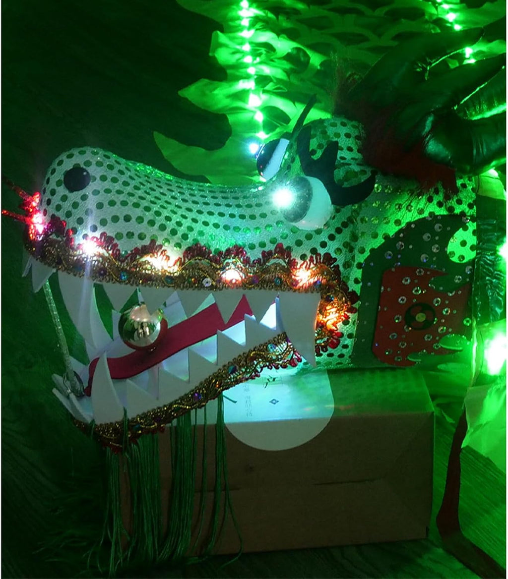 Green Dragon Ribbon with 3D Plastic Dragon Head, Dazzling Light Up Outdoor Dragon Dance Silk Poi for Garden, Park, Handheld Flowy Juggling Fitness Throw Streamer