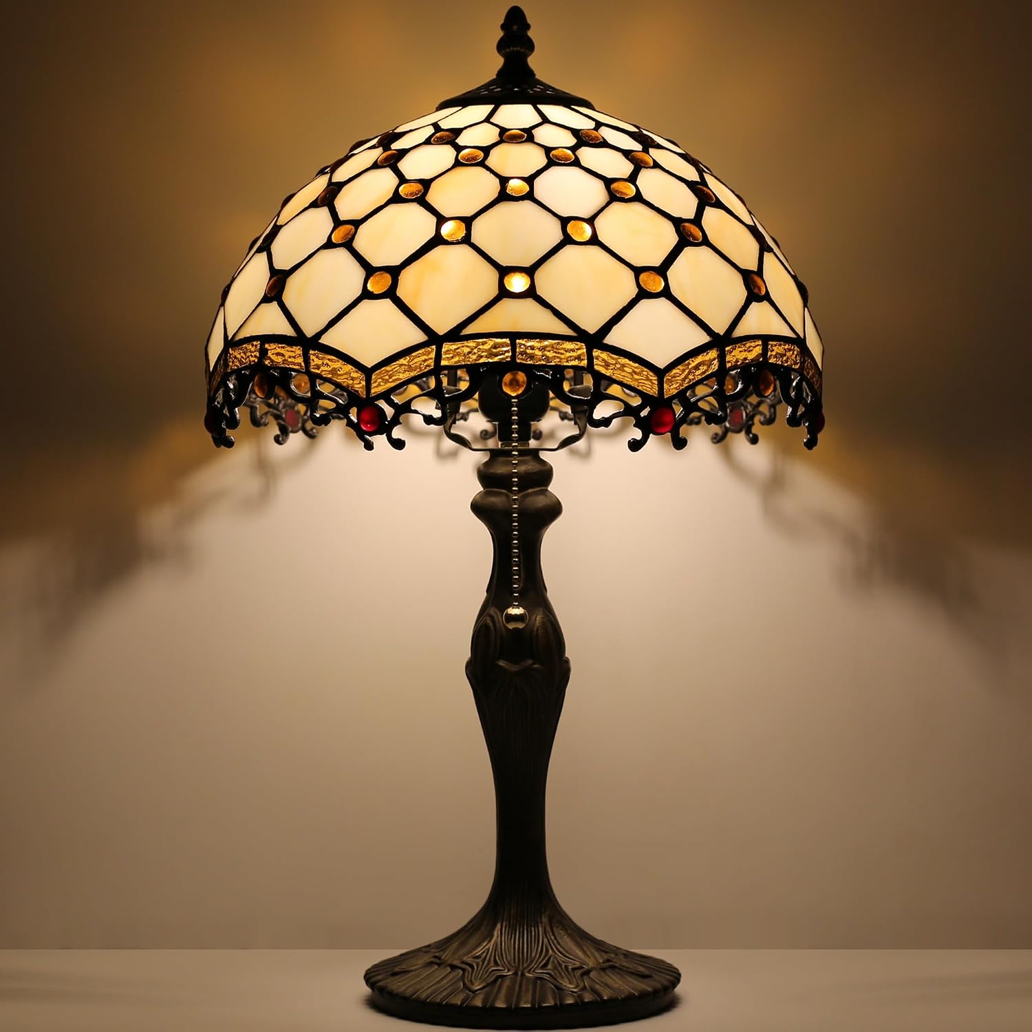 Tiffany Lamp Stained Glass Table Lamp 12 x 19' Phoenix Tail Beads Style Bedside Reading Lamp Decorative Light for Desk Living Room Bedroom Office Study Light Home Decor Gift