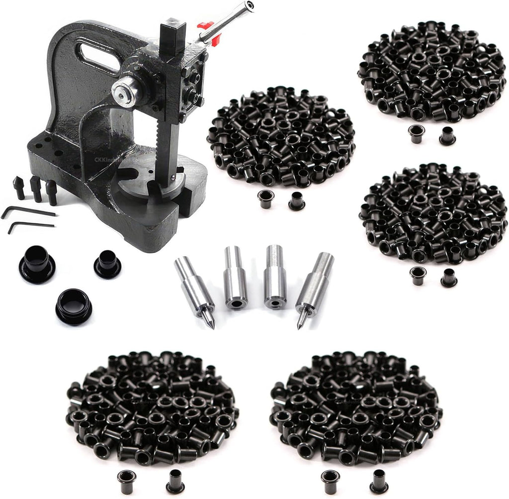 Eyelet Setting Press + #6-9 & #8-9 Eyelet Bundle - (Master Series Press) - (Includes: Arbor Press, 3/16 + 1/4 Eyelet Setting Dies) - (#6-9 & #8-9 Black Coated Eyelets) - for DIY Hobby & C