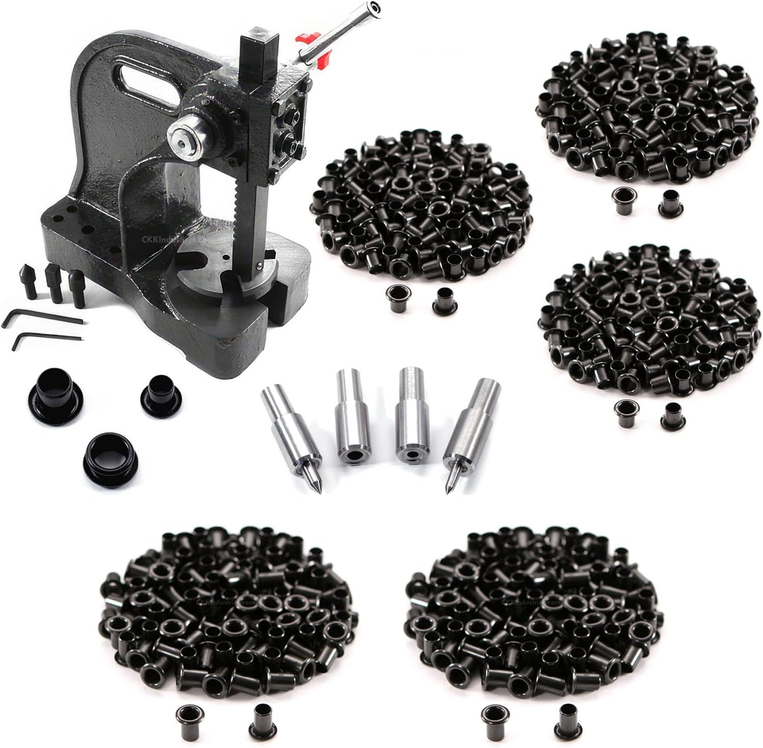 Eyelet Setting Press + #6-9 & #8-9 Eyelet Bundle - (Master Series Press) - (Includes: Arbor Press, 3/16 + 1/4 Eyelet Setting Dies) - (#6-9 & #8-9 Black Coated Eyelets) - for DIY Hobby & C