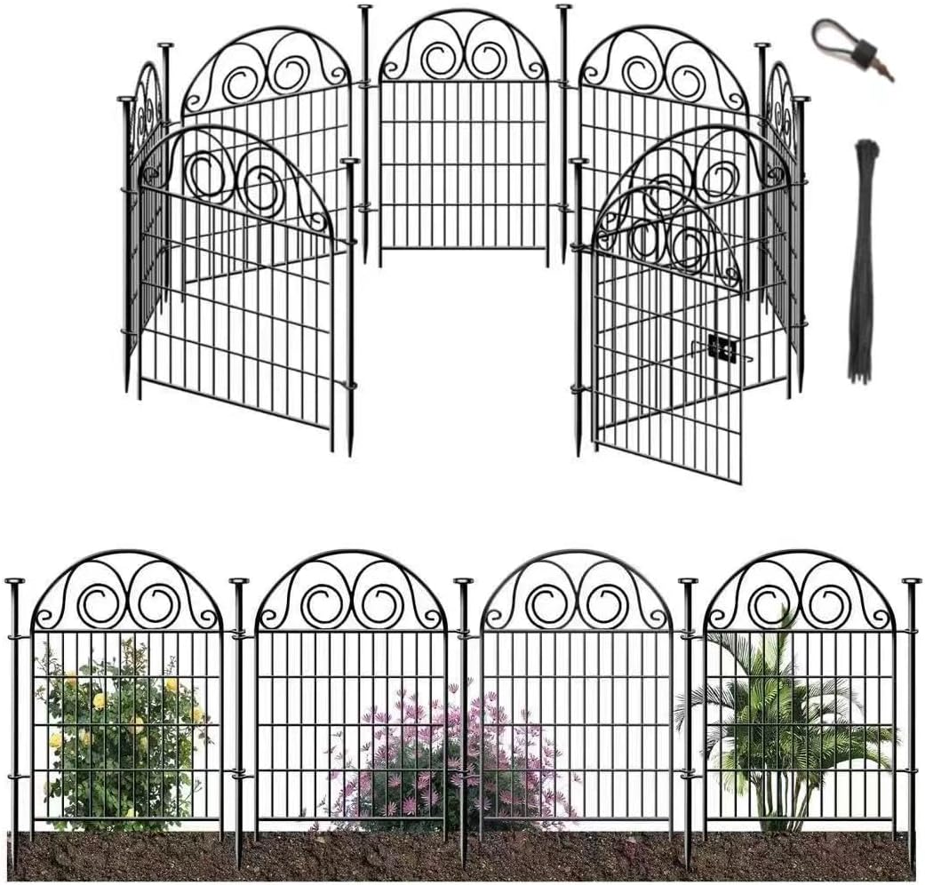 Getlay Tall Garden Animal Barrier Fence With Gate, 40 in(H)×27 in(L) 8 Panels Dog Digging Fences Barrier, Black Metal Temporary Fencing, Reusable Defense Fence For Outdoor Yard. Total 17.5 Ft│Patented