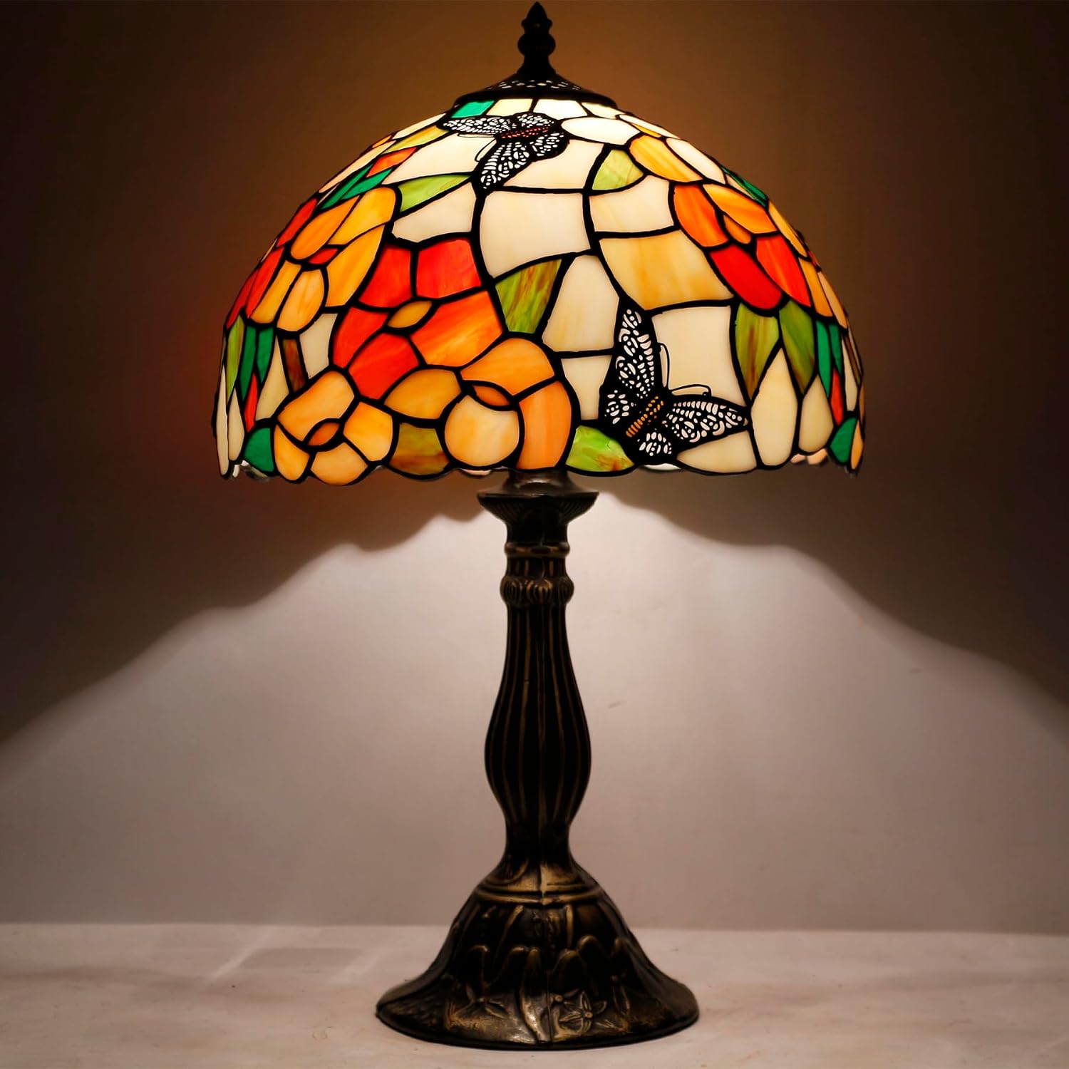 WERFACTORY Tiffany Table Lamp Bedside Pink Stained Glass Lamp Butterfly Style Reading Desk Light 12X12X18 Inches Decor Bedroom Living Room Home Office S275 Series