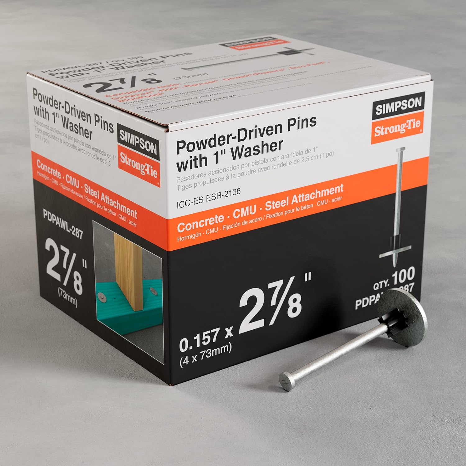 Simpson Strong-Tie PDPAWL-287 PDPAWL.157-in. x 2-7/8-in. Powder-Actuated Pin w/ 1-in. Washer (100-Qty) (Pack of 10)